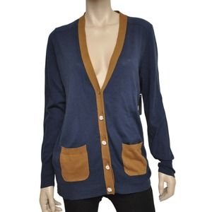 Juicy Couture Colorblock V-Neck Cardigan Sweater Top Midnight/Brown L Nwt $138